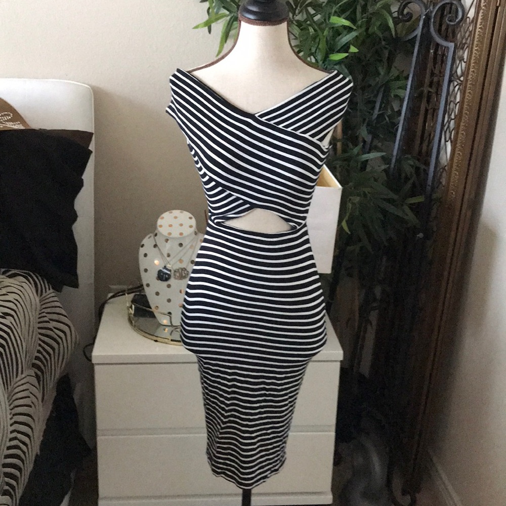 Off the shoulder black and white stretch dress